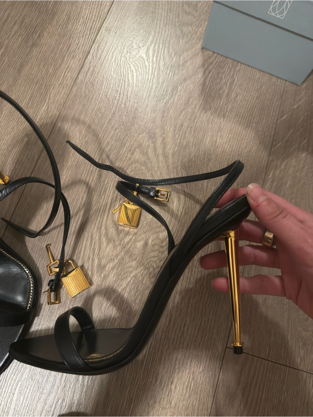 Tom Ford Black Leather Strappy Heels with Gold Padlock Charms - Picture 5 of 8